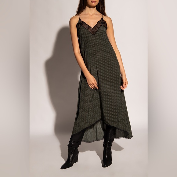 Zadig & Voltaire Risty ZV print Kaki olive green Maxi‎ Dress Size S - Picture 1 of 8